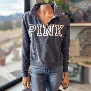 Victoria's Secret PINK Gray Quarter-Zip Pullover Big Logo Sweatshirt Size Small